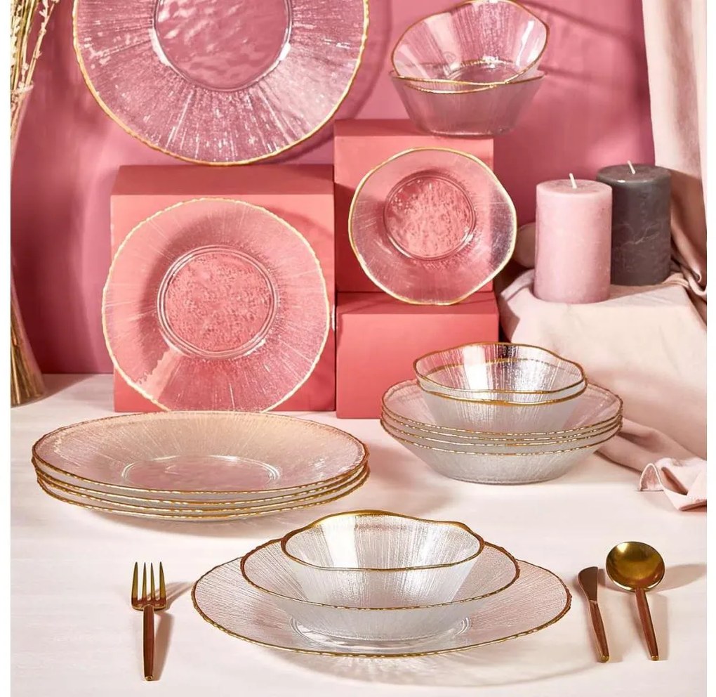 18 darabos étkészlet átlátszó/arany/üveg