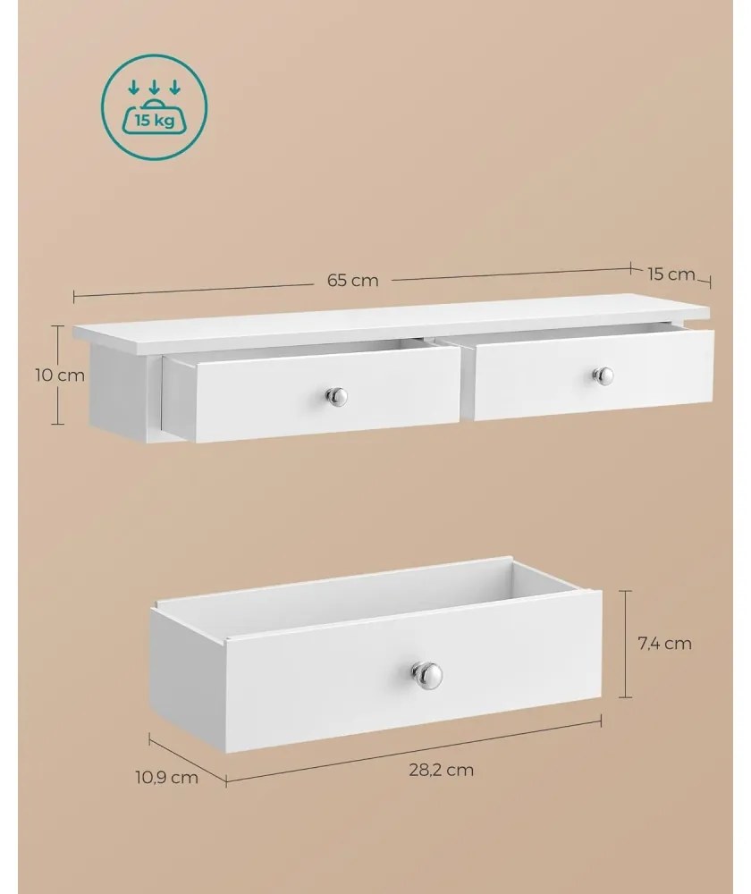 Fali polc két fiókkal magasfényű bevonattal, fehér 65x15x10cm