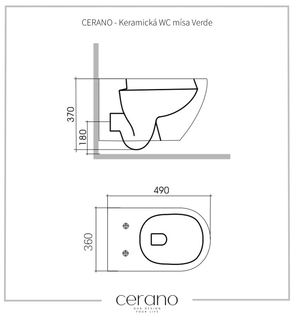 Cerano Verde, függő WC csésze Peremless 490x360x370 mm + UF wc ülőke, fehér fényes, CER-CER-417341