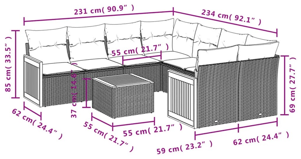 9 részes bézs polyrattan kerti ülőgarnitúra párnákkal