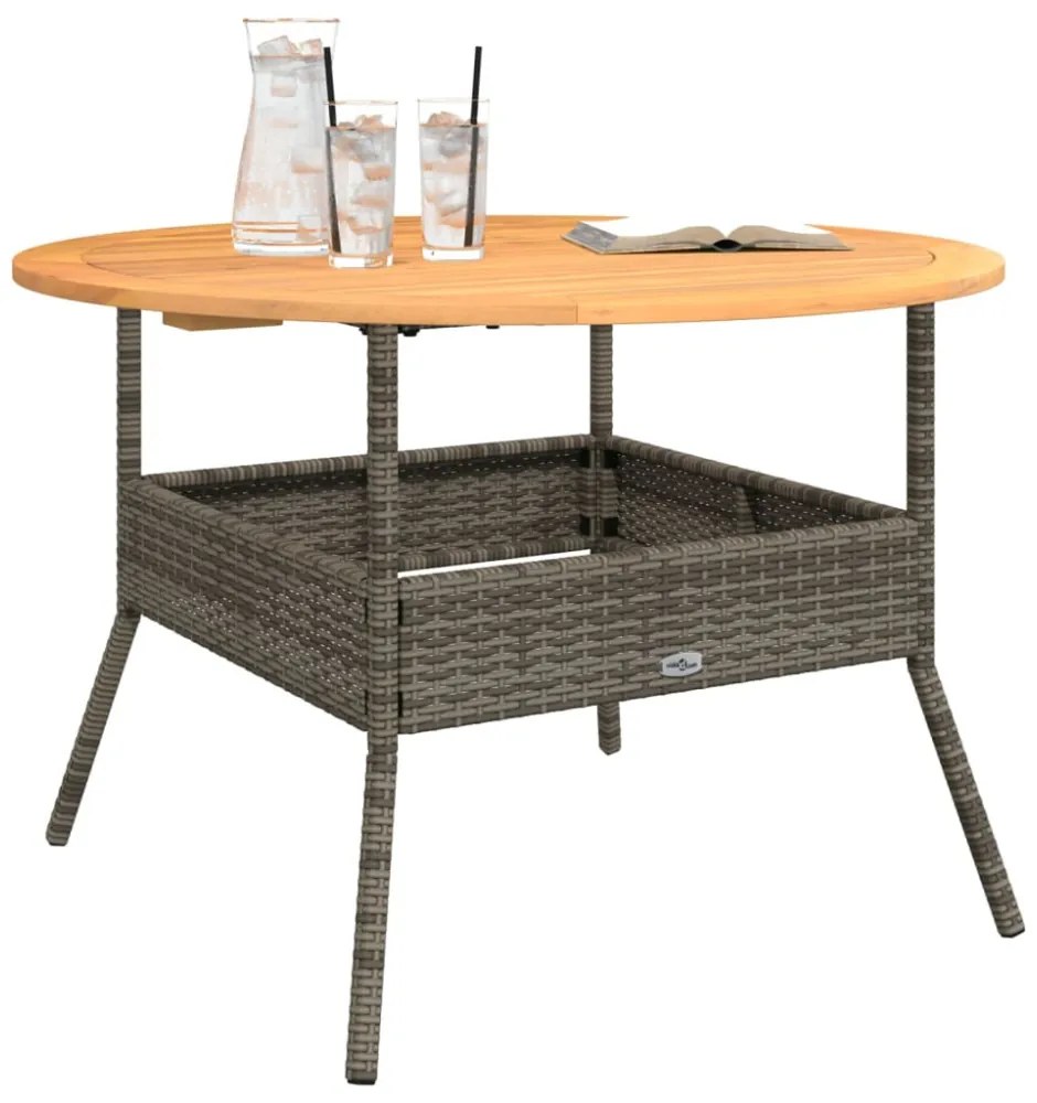 szürke polyrattan kerti asztal akácfa lappal Ø110 x 71 cm