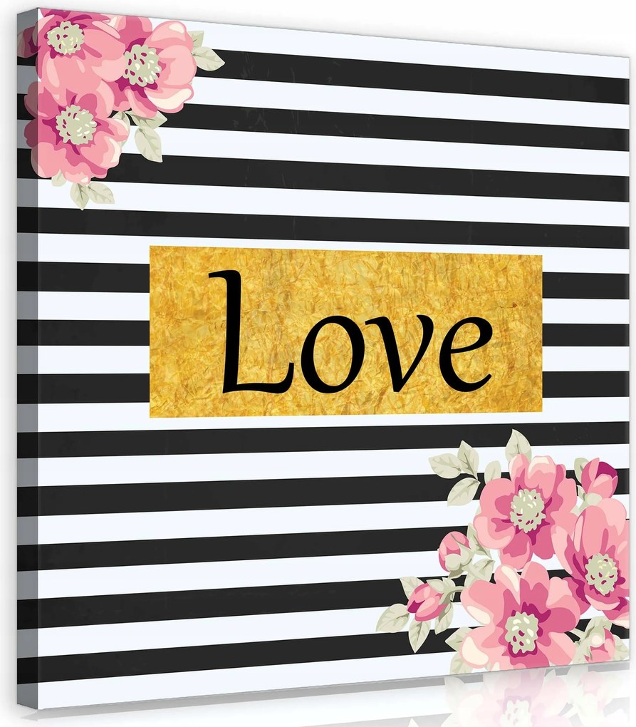 Vászonkép 40x40 Szerelem virágok csíkok arany fekete fehér rózsaszín dekoratív