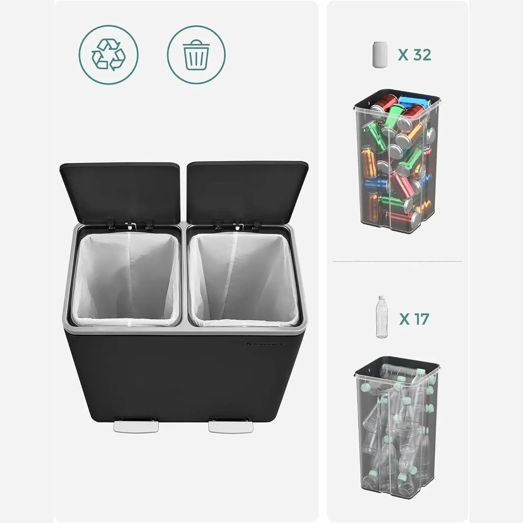 Dupla szemetes, 2 x 24 literes, 2 rekesszel, fekete