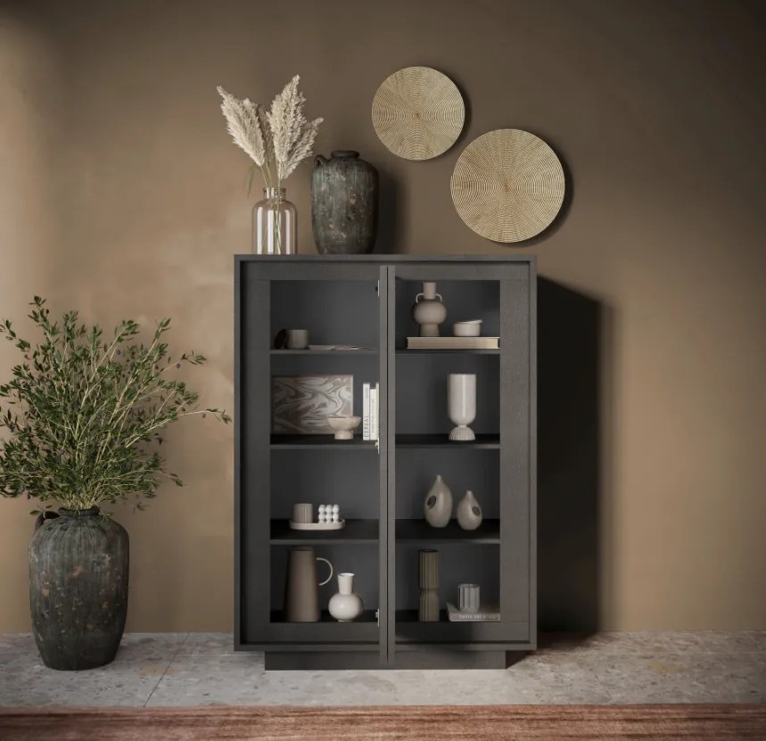 SKY 2.0 magas komód, 2 ajtóval, sötét láva vázzal és laminált előlapokkal