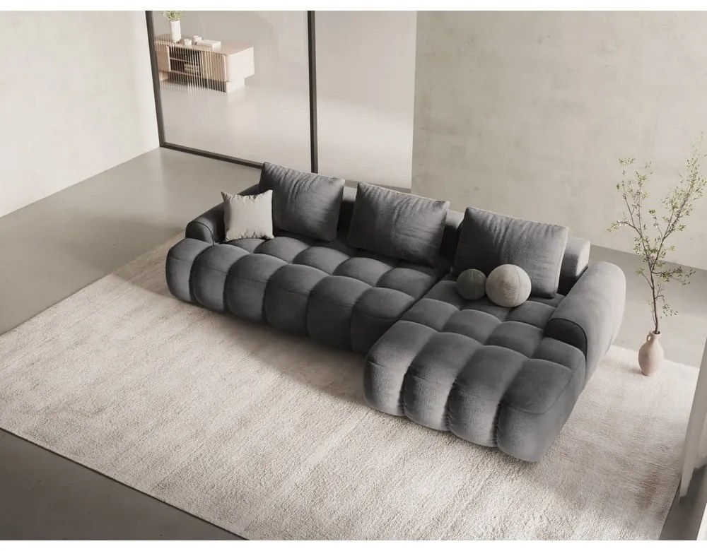 Szürke bársony kinyitható-tárolóhelyes sarokkanapé (jobb oldali-heverő résszel) Linz – Cosmopolitan Design