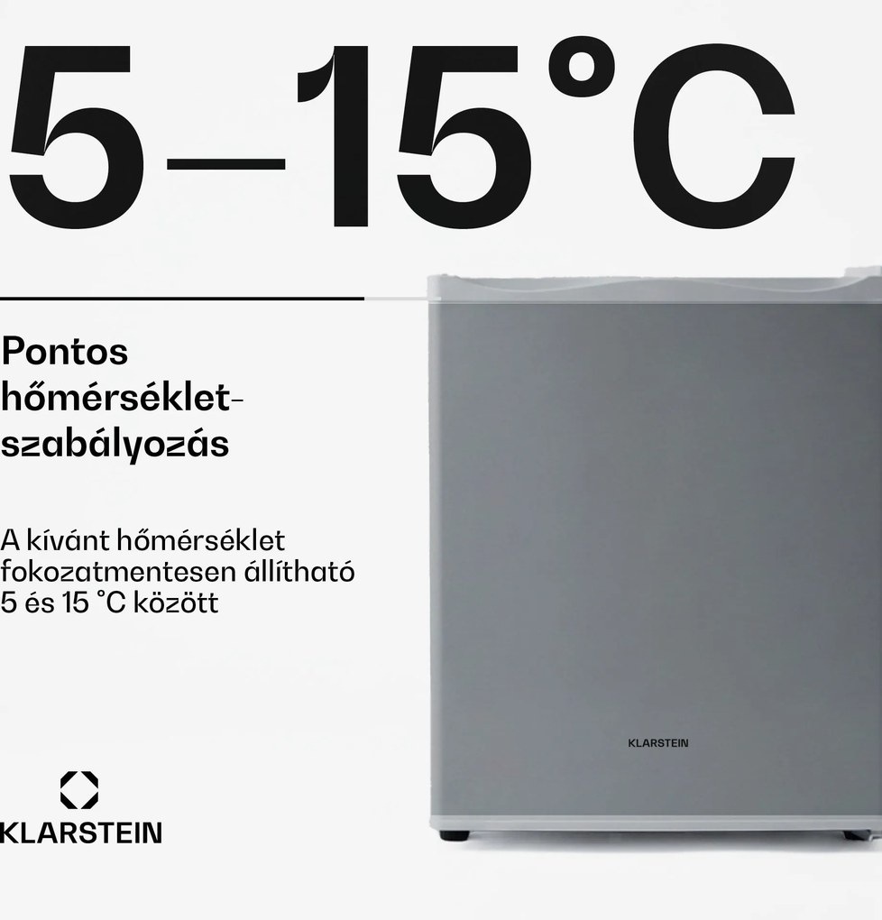 Klarstein Happy Hour 23, minibár, 23 liter, 5 - 15 °C, G energiahatékonysági osztály, csendes, 23 dB, LED világítás, ezüst