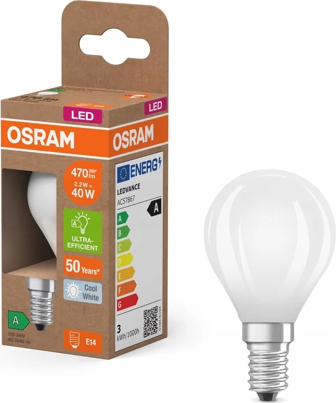 Led izzó P45 E14 2,2W 40W 470lm 4000K Filament 214lm/W A osztály Osram