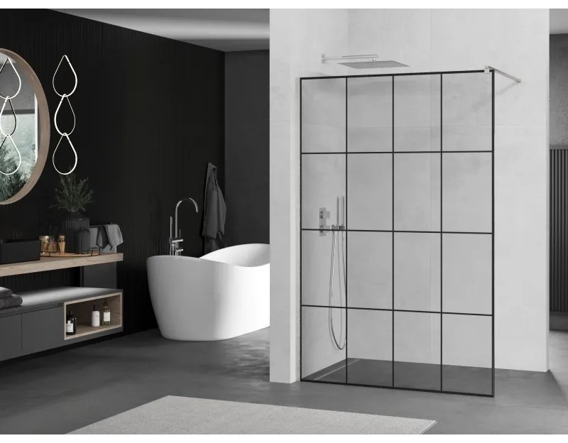 Mexen Kioto, Walk-In zuhanyparaván 130 x 200 cm, 8 mm átlátszó üveg fekete mintás, csiszolt acél profil, 800-130-101-97-77