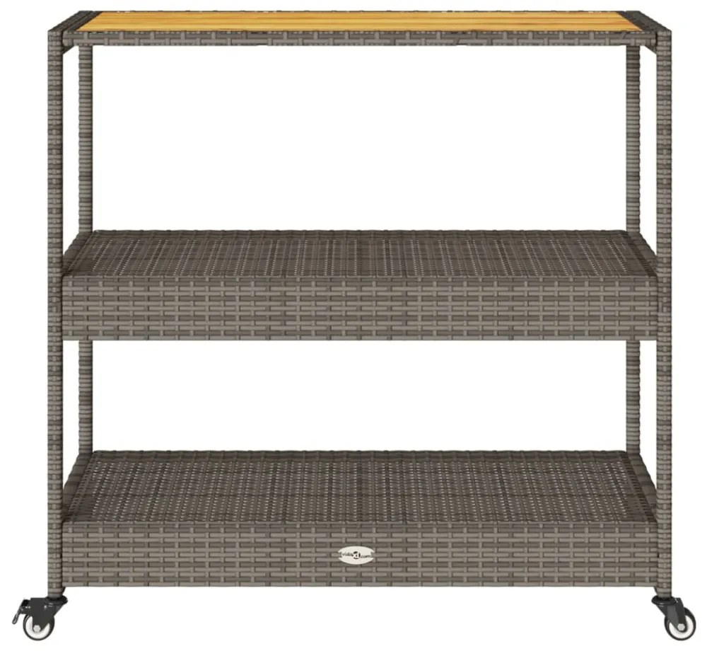 3 szintes szürke polyrattan és tömör akácfa zsúrkocsi