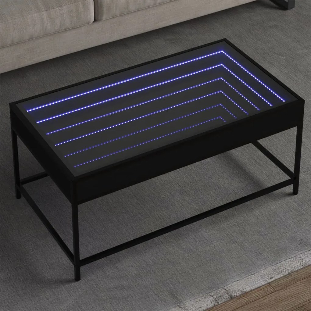 Fekete végtelen hatású LED-es dohányzóasztal 90 x 50 x 41 cm