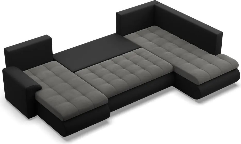 Tokio U sarokkanapé, 3 ágyneműtartóval, bársony + műbőr, jobboldali, szürke - fekete