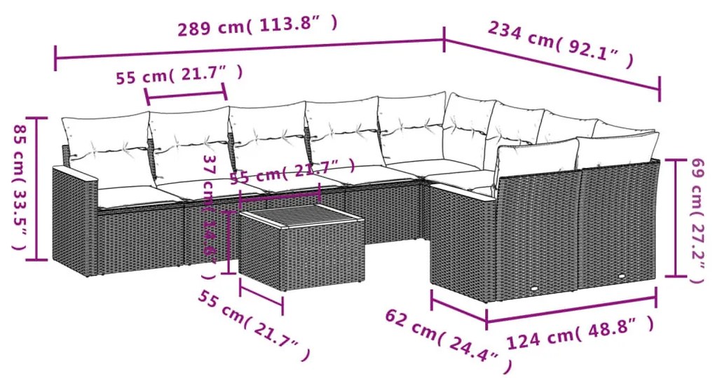 10 részes szürke polyrattan kerti ülőgarnitúra párnákkal