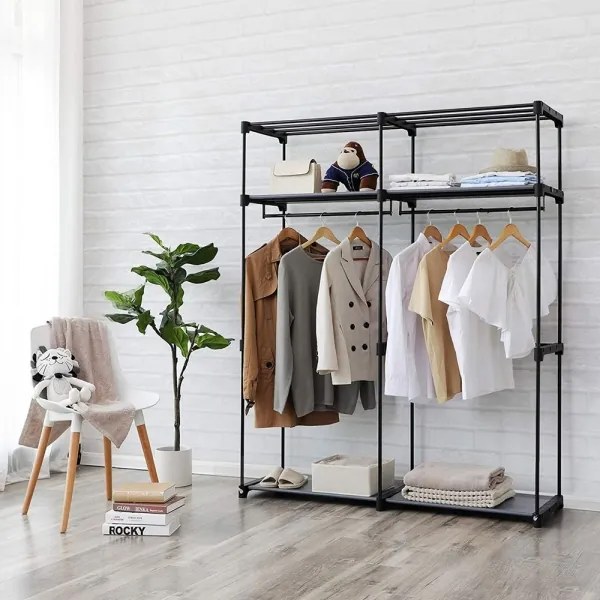 MATIS 140x174 cm szürke textil tárolószekrény polcokkal és ruharúddal