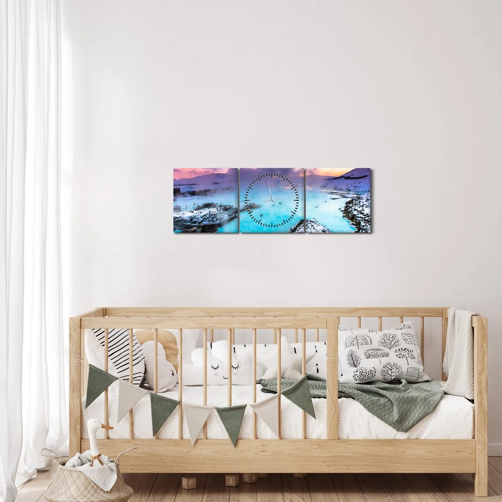 Kép - kék lagúna, Izland (órával) (90x30 cm)