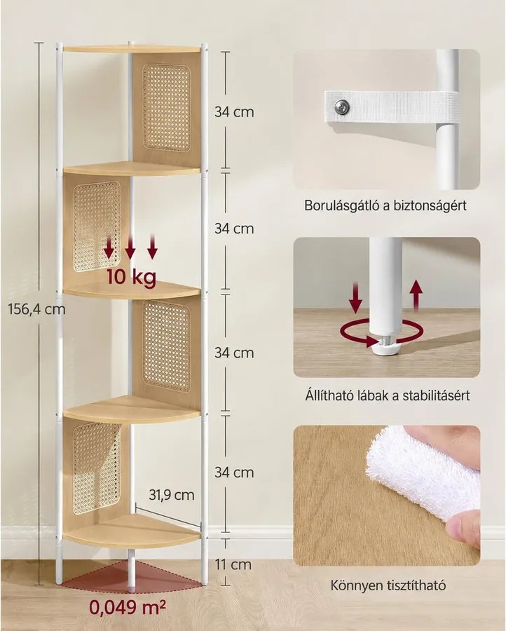 5 szintes sarokpolc, könyvespolc polirattan oldalakkal, 156x32x32 cm, tölgy bézs
