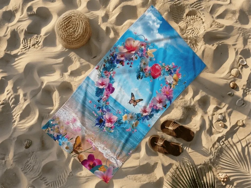 Gyorsan száradó strand fürdőlepedő FLOWER LOVE színes 70 x 140 cm, 100% mikroszál