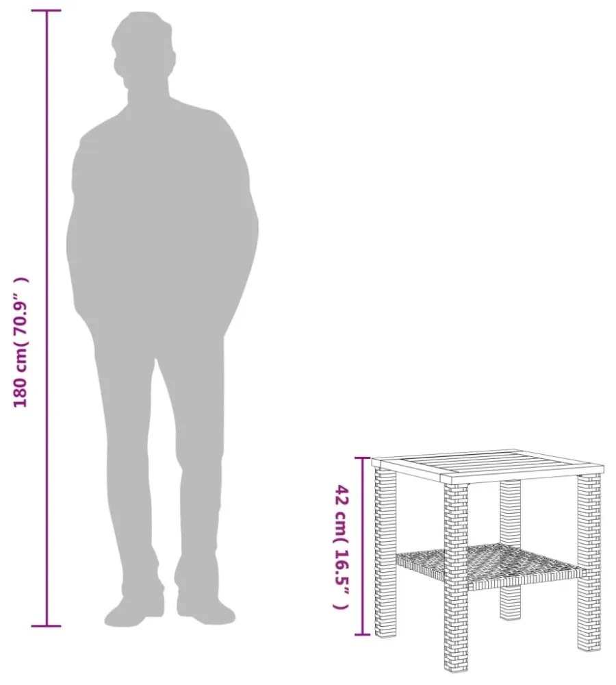 fekete polyrattan és akácfa kerti asztal 40 x 40 x 42 cm