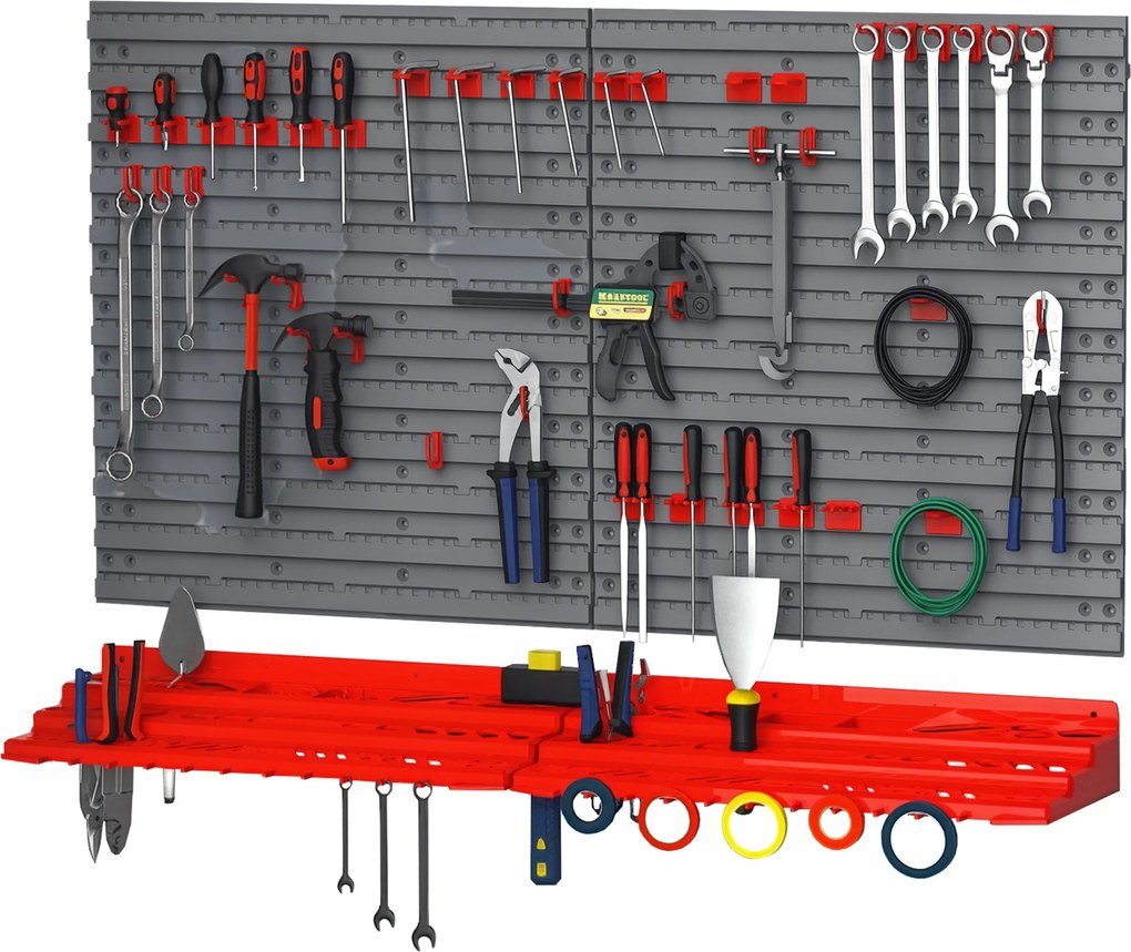 DURHAND Szerszám Pegboard Fali Polc 54 db Szerszámtartó Szerszám Készlet PP Szürke+Piros 95,5 x 23 x 53,5 cm | Aosom