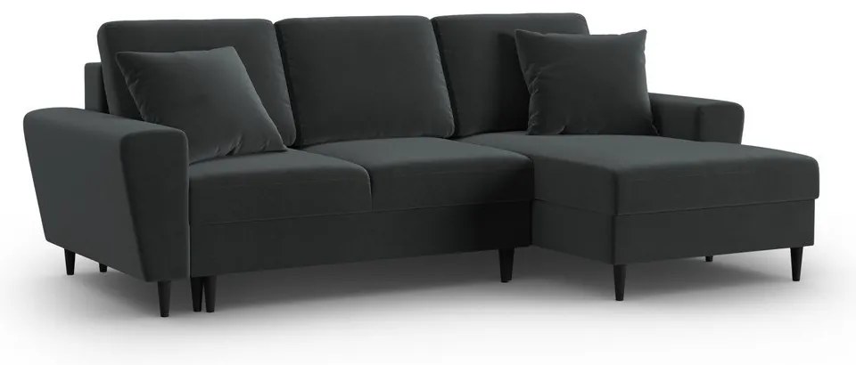 Sötétszürke bársony kinyitható tárolóhelyes sarokkanapé (jobb oldali-heverő résszel) Kyoto – Cosmopolitan Design