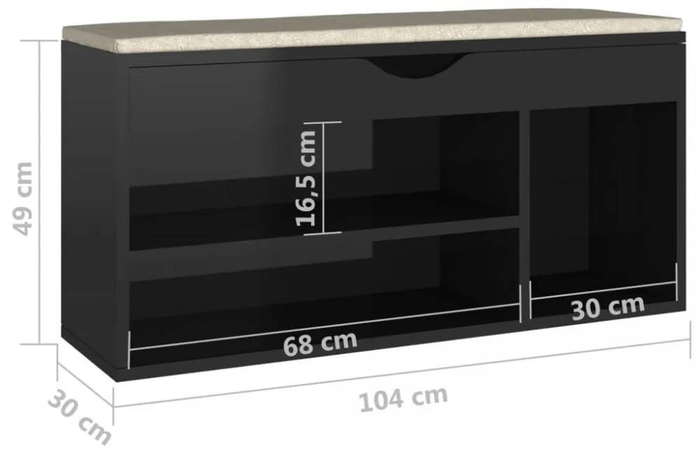 magasfényű fekete cipőtároló pad párnával 104 x 30 x 49 cm