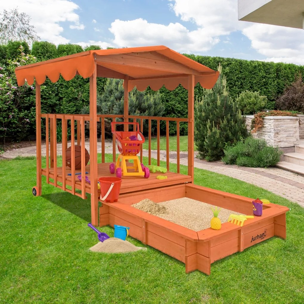 HAPPY verandás homokozó, 130x130x143cm, barna/narancs Jurhan