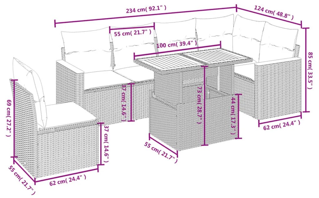 7 részes szürke polyrattan kerti ülőgarnitúra párnákkal