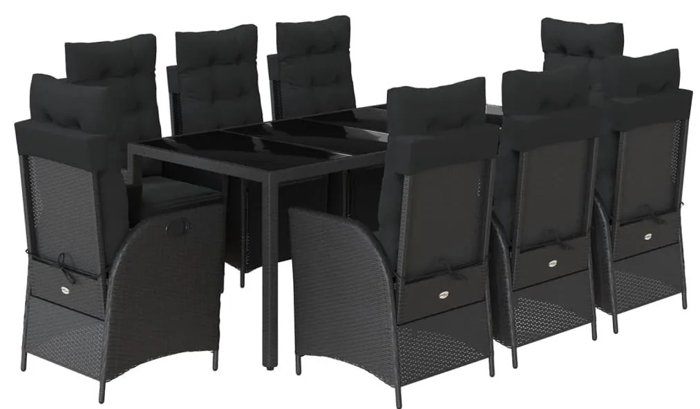 9 részes fekete polyrattan kerti étkezőgarnitúra párnákkal