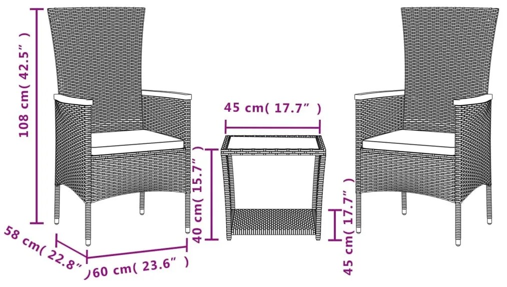 3 részes szürke polyrattan kerti étkezőgarnitúra párnával