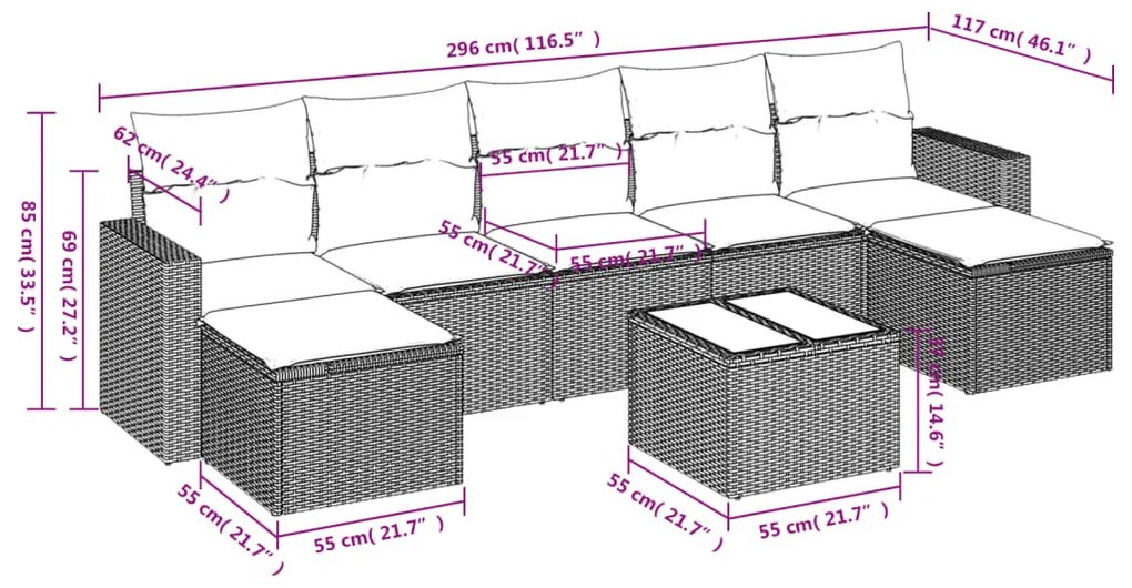 8 részes szürke polyrattan kerti ülőgarnitúra párnákkal