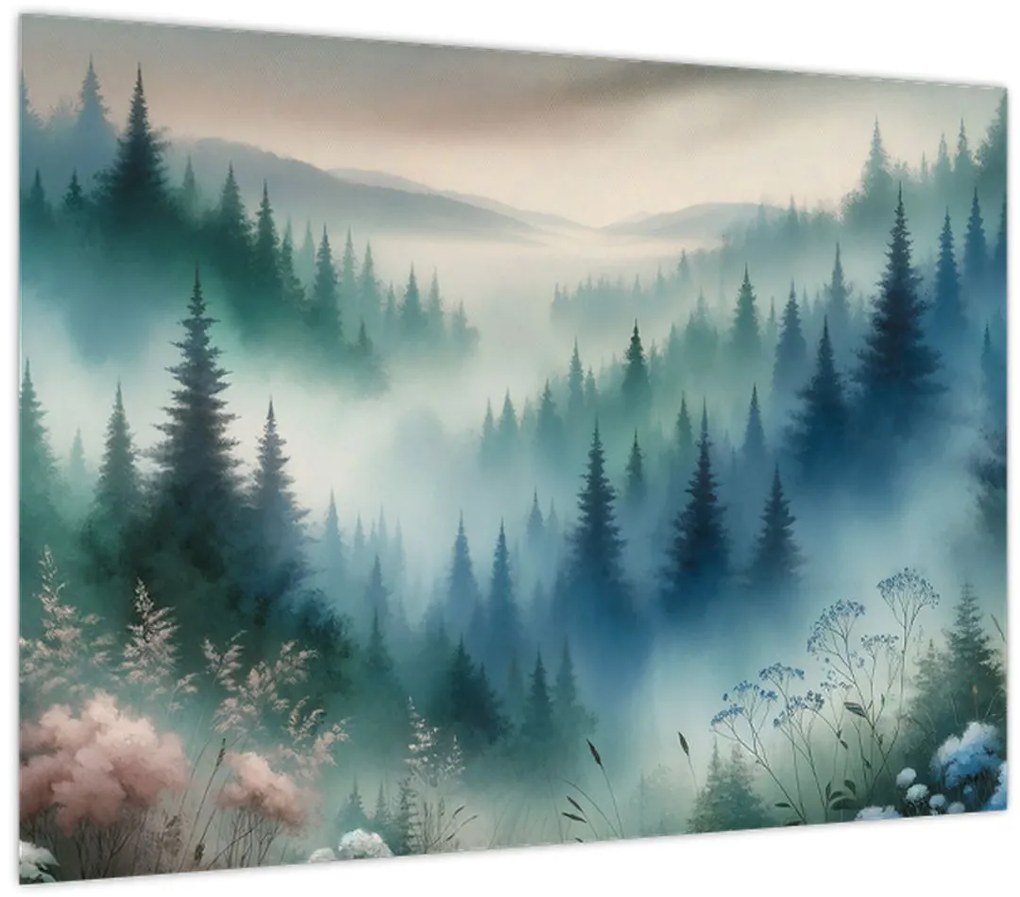 Üveg kép - Erdős táj köddel (70x50 cm)