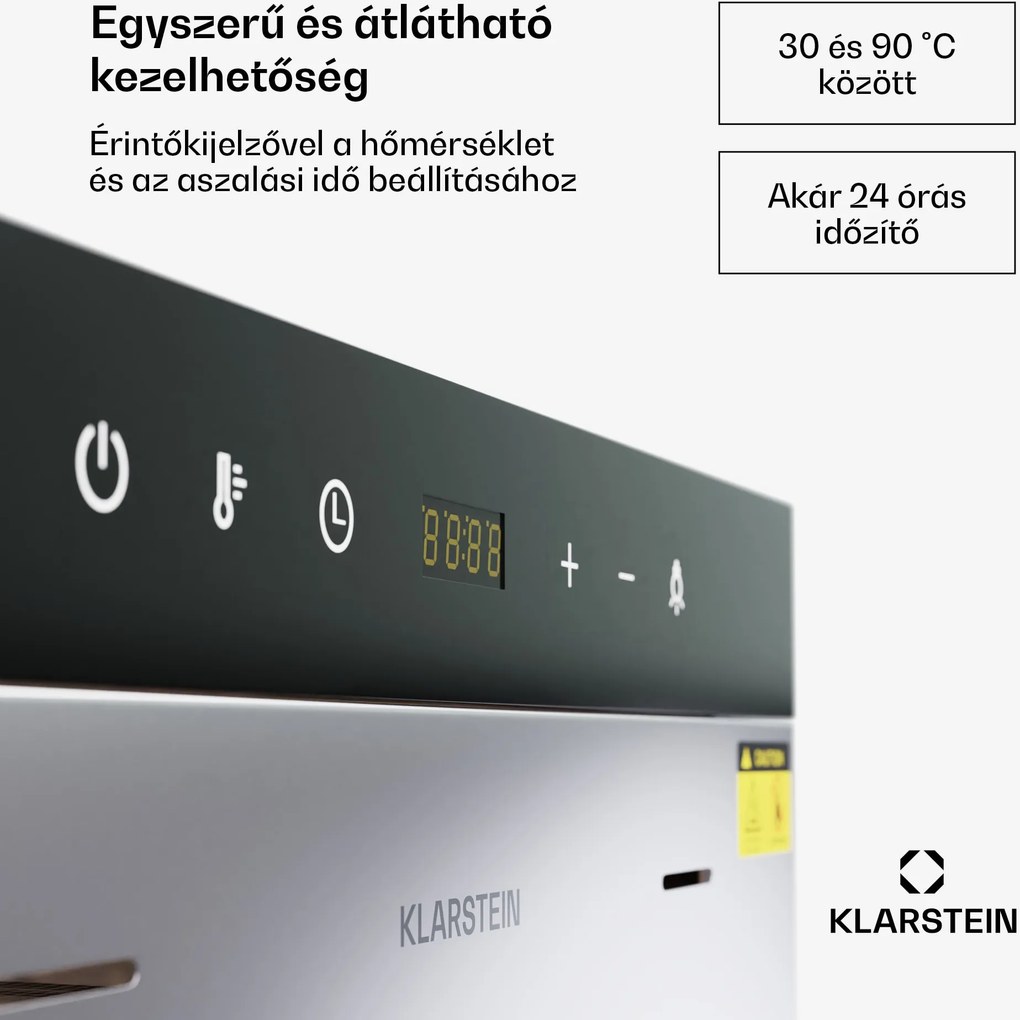 Klarstein MasterJerky 350, szárító, teljesítmény 2 000 W, hőmérséklet-tartomány 30 - 90 °C, 24 órás időzítő, rozsdamentes acél