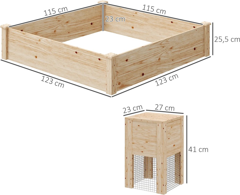 Outsunny Fából készült Virágláda, kültéri négyzet alakú emelt virágágy ásott komposztálóval, nyitott aljzattal, zöldség- és virágágyás a kert teraszon