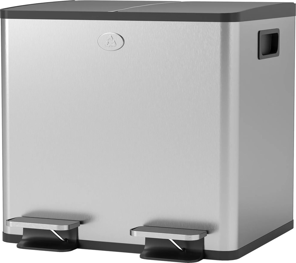 HOMCOM Konyhai Kukák 2 Rekesszel, 2x15L Rozsdamentes Acél Konyhai Edény Pedálos, Soft-Close Fedéllel és Kivehető Tárolóval Élelmiszerhulladék Újrahasz