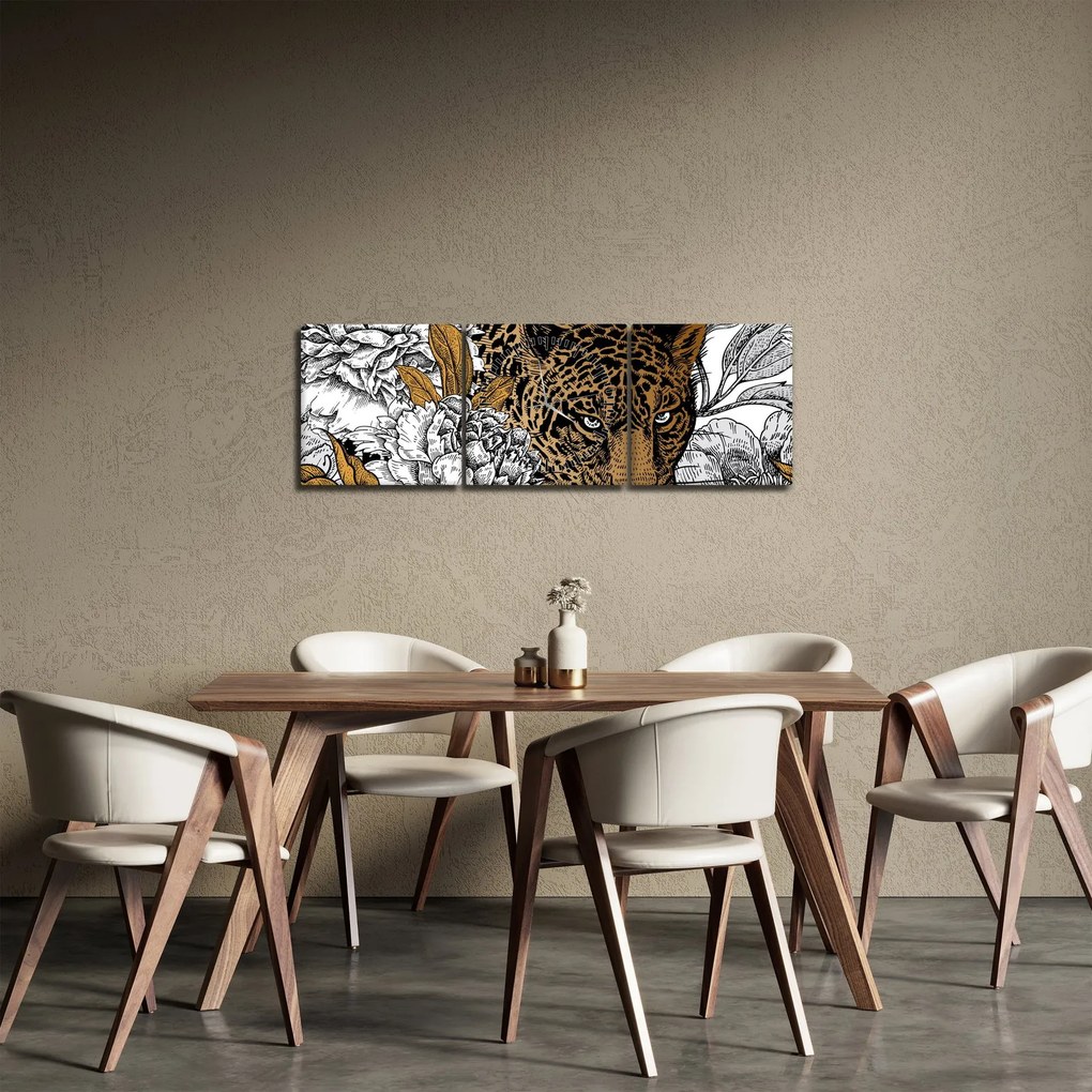 Kép - leopárd a virágok között (órával) (90x30 cm)