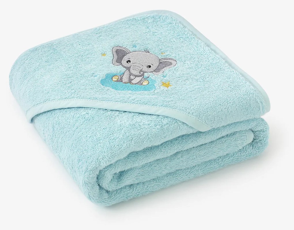 Goldea gyermek frottír fördőlepedő csuklyás - kék alapon elefánt 100 x 100 cm