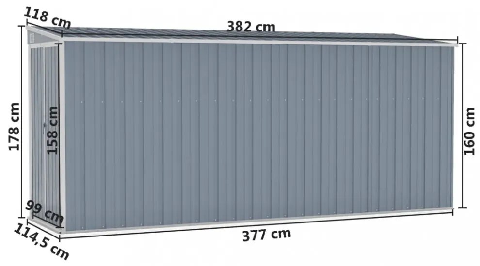 szürke acél falhoz erősíthető kerti fészer 118 x 382 x 178 cm