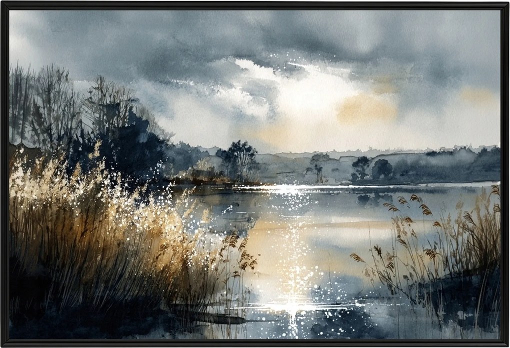 Poszter Keret Alumínium Tájkép Tó Mazury Fű Part Nap 60x40