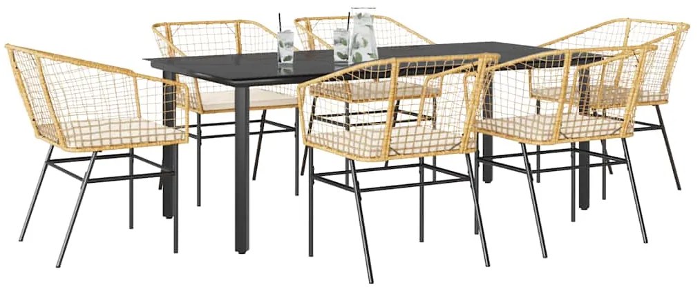 vidaXL 7 észes barna polyrattan üveg kerti étkezőgarnitúra párnával