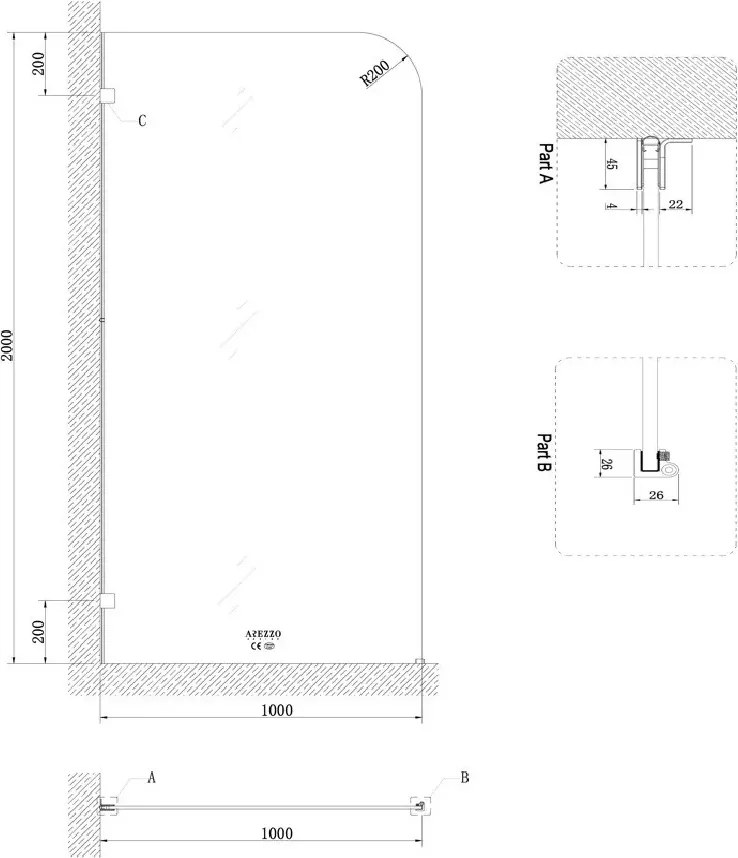 AREZZO design CLEAR walk-in zuhanyfal, átlátszó 1000x2000