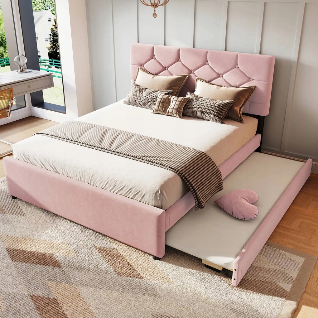Kárpitozott ágy, 140x200 cm Franciaágy kihúzható ággyal Rózsaszín