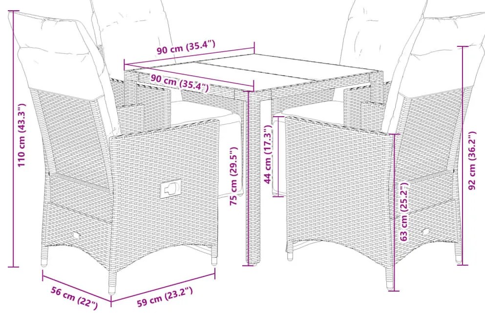 vidaXL 5 részes szürke polyrattan kerti bisztrógarnitúra párnákkal