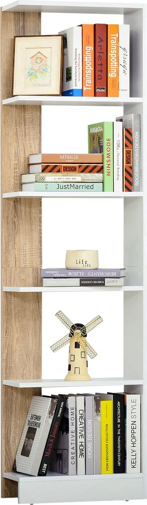 HOMCOM Tárolókönyvespolc 5 Polccal, Többcélú Könyvespolc Tanulmányi Irodához Emelt Alappal, Elegáns Dizájn 45x21x170 cm Fehér és Tölgy | Aosom