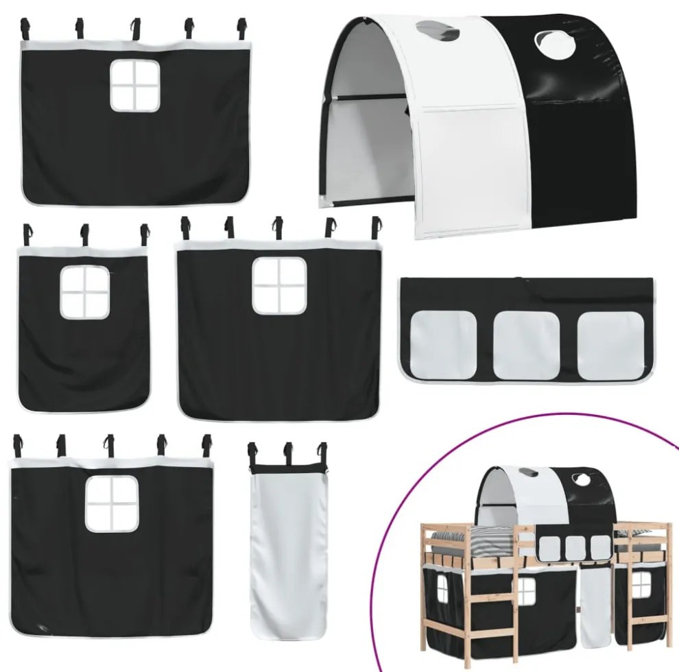 fehér-fekete tömör fenyő gyerek galériaágy alagúttal 90x190 cm