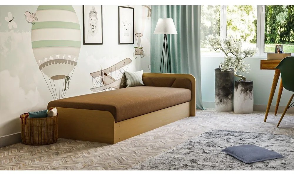Okkersárga-barna kárpitozott-forgácslemez ágyneműtartós egyszemélyes ágy matraccal 80x190 cm Parys – ELTAP