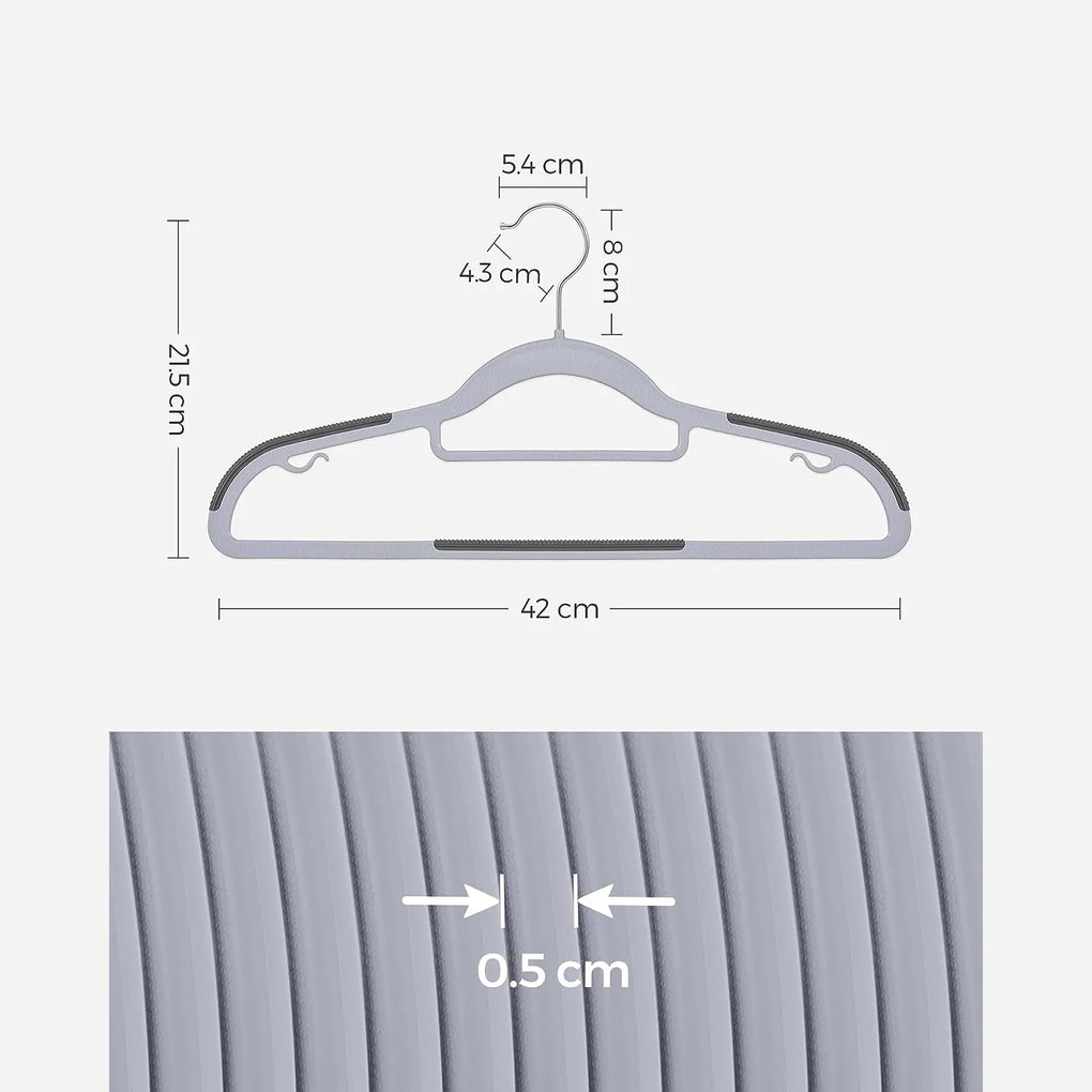 Csúszásmentes nagy teherbírású műanyag vállfák 50 db-os csomag, világos és sötétszürke