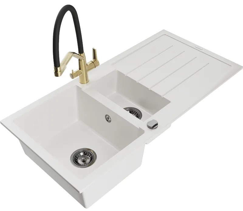 Mexen Andres gránit mosogató 1,5 rekeszes csepegtetővel és Duo konyhai csapteleppel, fehér - 6515-20-671701-57-B