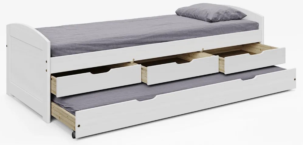 Ágy kihúzható pótággyal, fehér, tömörfa, 90x200, MARINELLA NEW