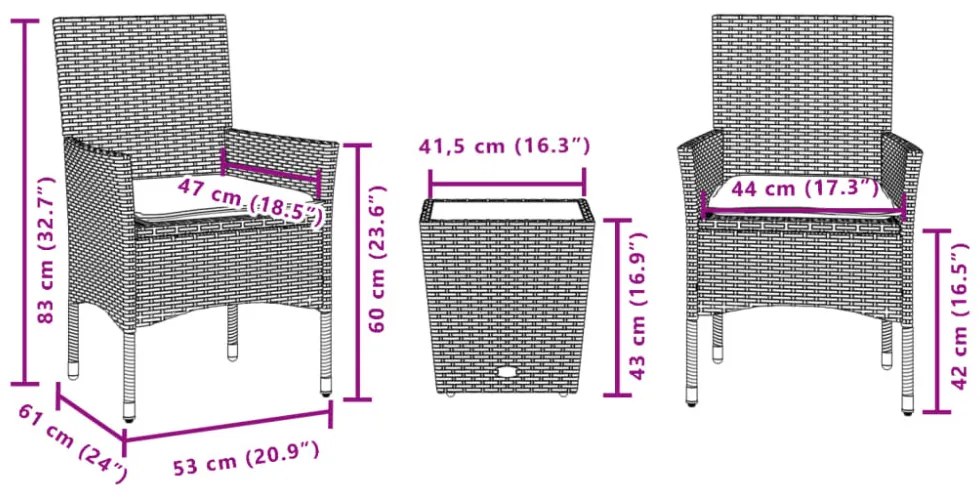3 részes szürke polyrattan/üveg bisztrógarnitúra párnákkal