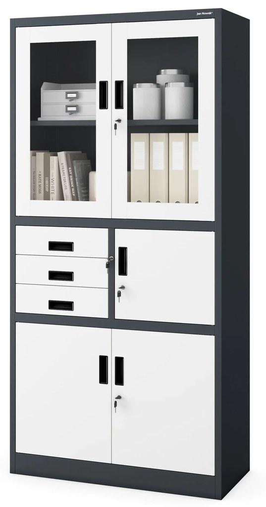 Fém iratszekrény széffel, vitrinnel és fiókokkal FILIP, 900 x 1850 x 400 mm, antracit-fehér