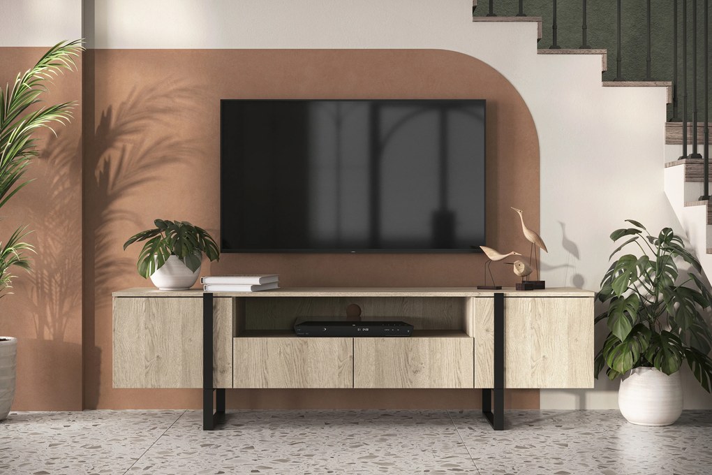 Verica 200 cm-es TV-szekrény nyitott polccal - szivacsos tölgy / fekete lábak